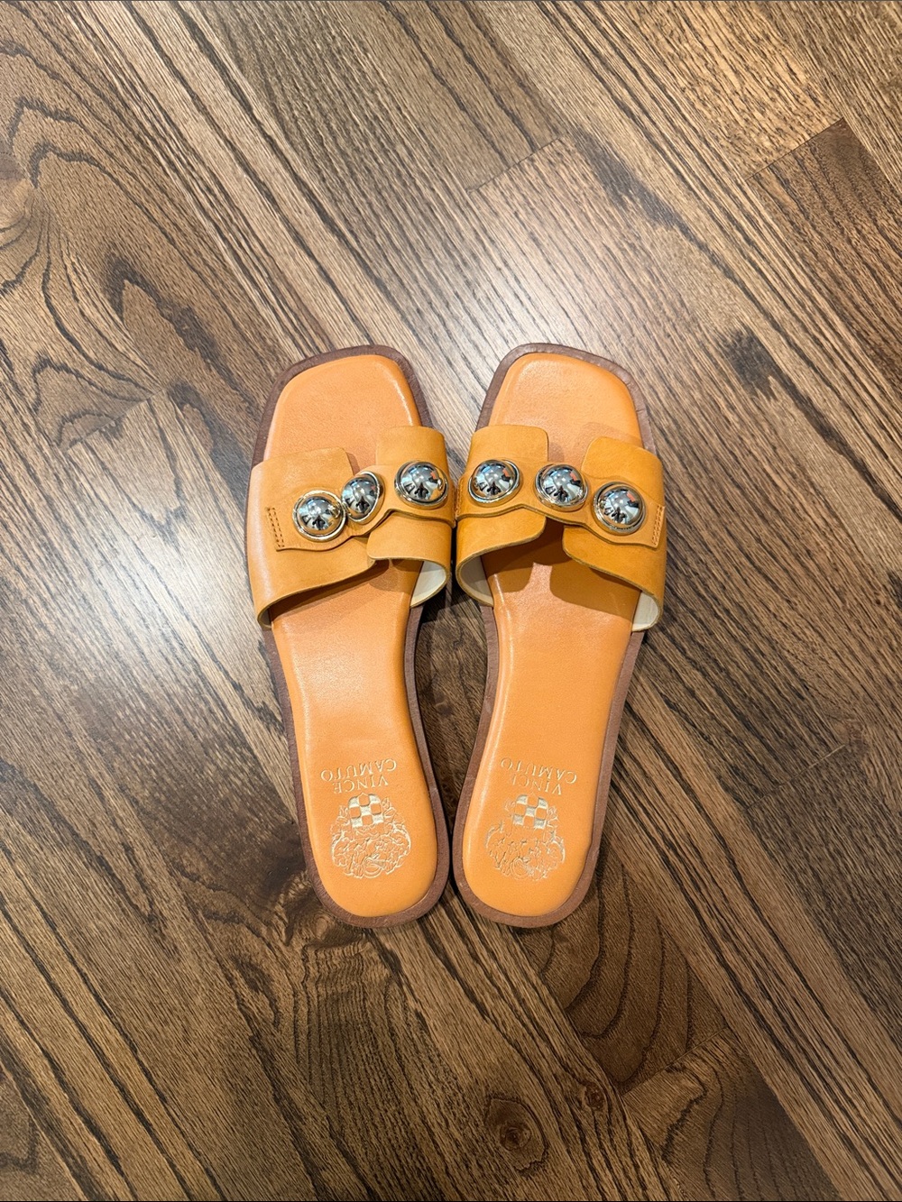 Vince Camuto Orange Slide Sandals with Silver Stud Accents
